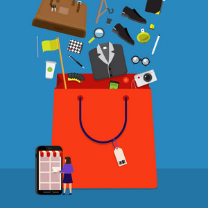 商業概念手機購物在線電子商務。目前由商家咨詢屏幕。矢量插圖