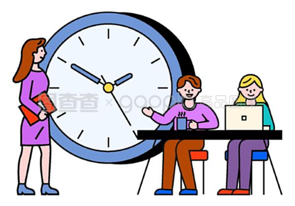 商務(wù)咨詢?nèi)藛T和與筆記本電腦的交流。工作時間、工作時間的男女。使用筆記本電腦的工人字符接近時鐘符號,專業(yè)團(tuán)隊合作向量。與筆記本電腦合作的商務(wù)咨詢